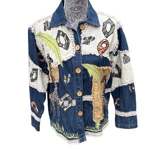 Vintage Patchington Women’s S Patchwork Embroidered Giraffe Denim Jean Shirt